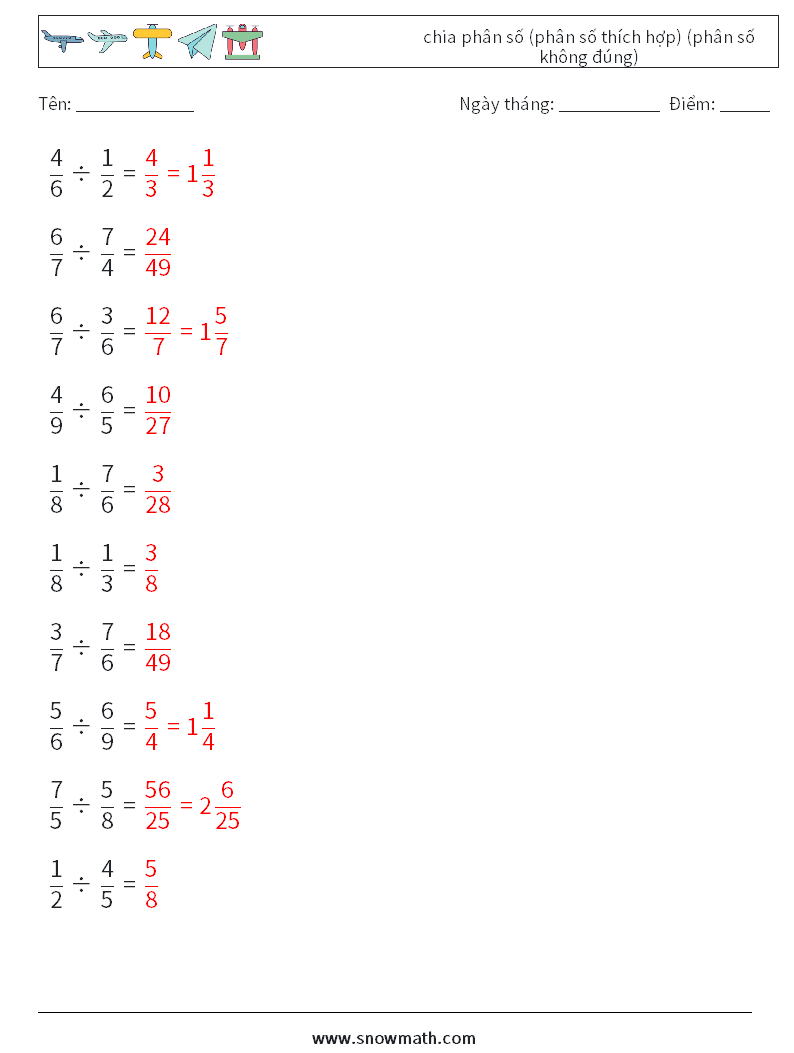 (10) chia phân số (phân số thích hợp) (phân số không đúng) Bảng tính toán học 8 Câu hỏi, câu trả lời