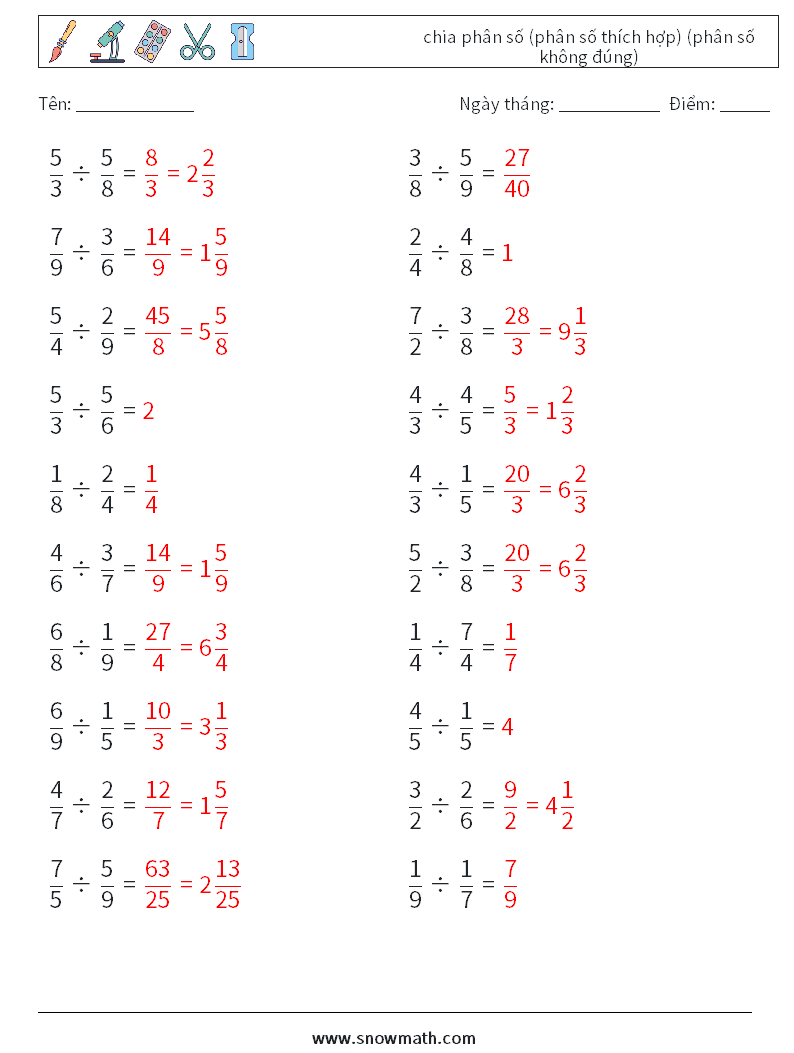 (20) chia phân số (phân số thích hợp) (phân số không đúng) Bảng tính toán học 1 Câu hỏi, câu trả lời