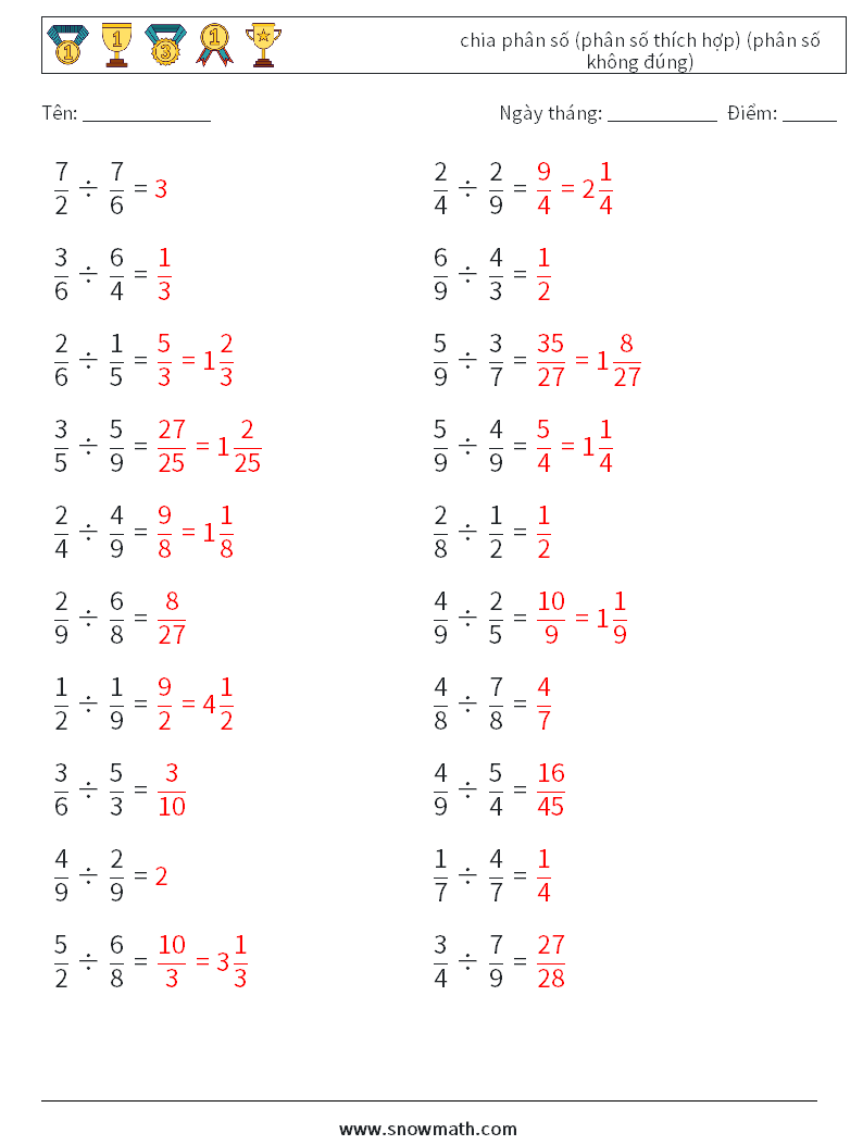 (20) chia phân số (phân số thích hợp) (phân số không đúng) Bảng tính toán học 4 Câu hỏi, câu trả lời