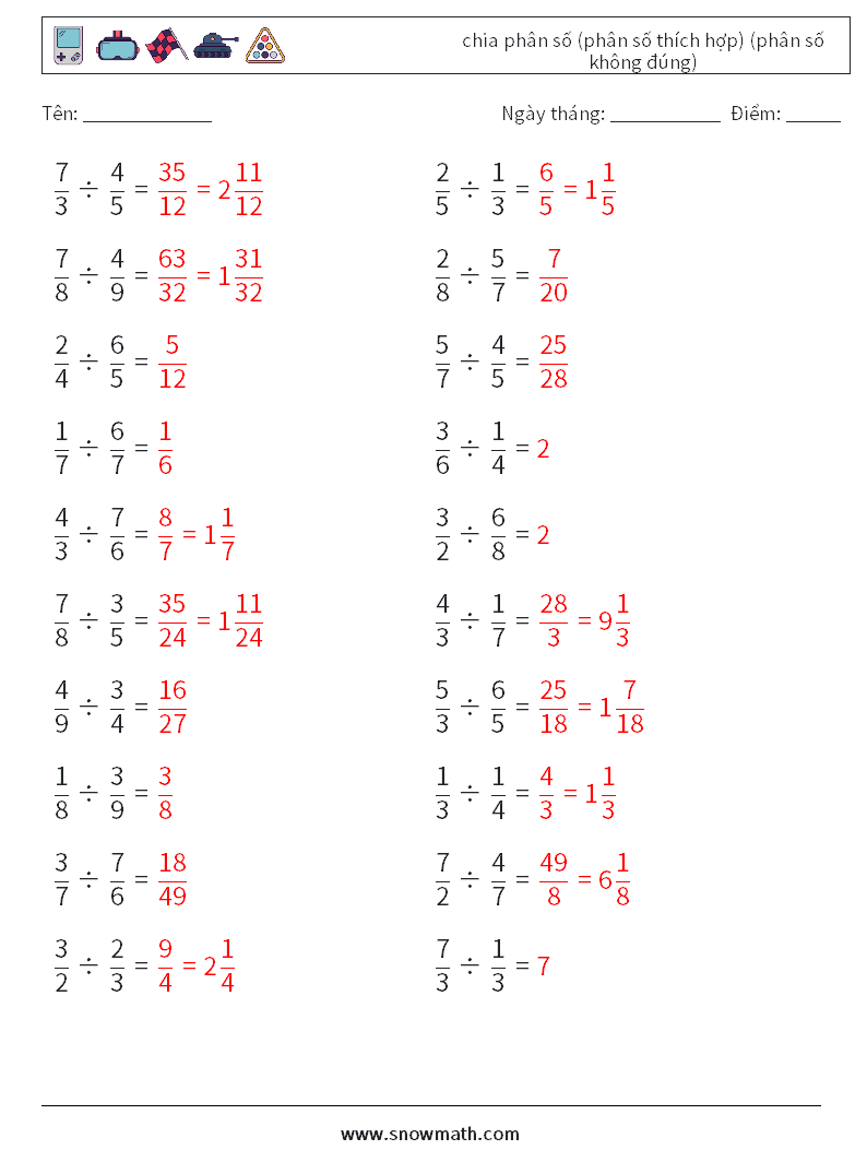 (20) chia phân số (phân số thích hợp) (phân số không đúng) Bảng tính toán học 5 Câu hỏi, câu trả lời