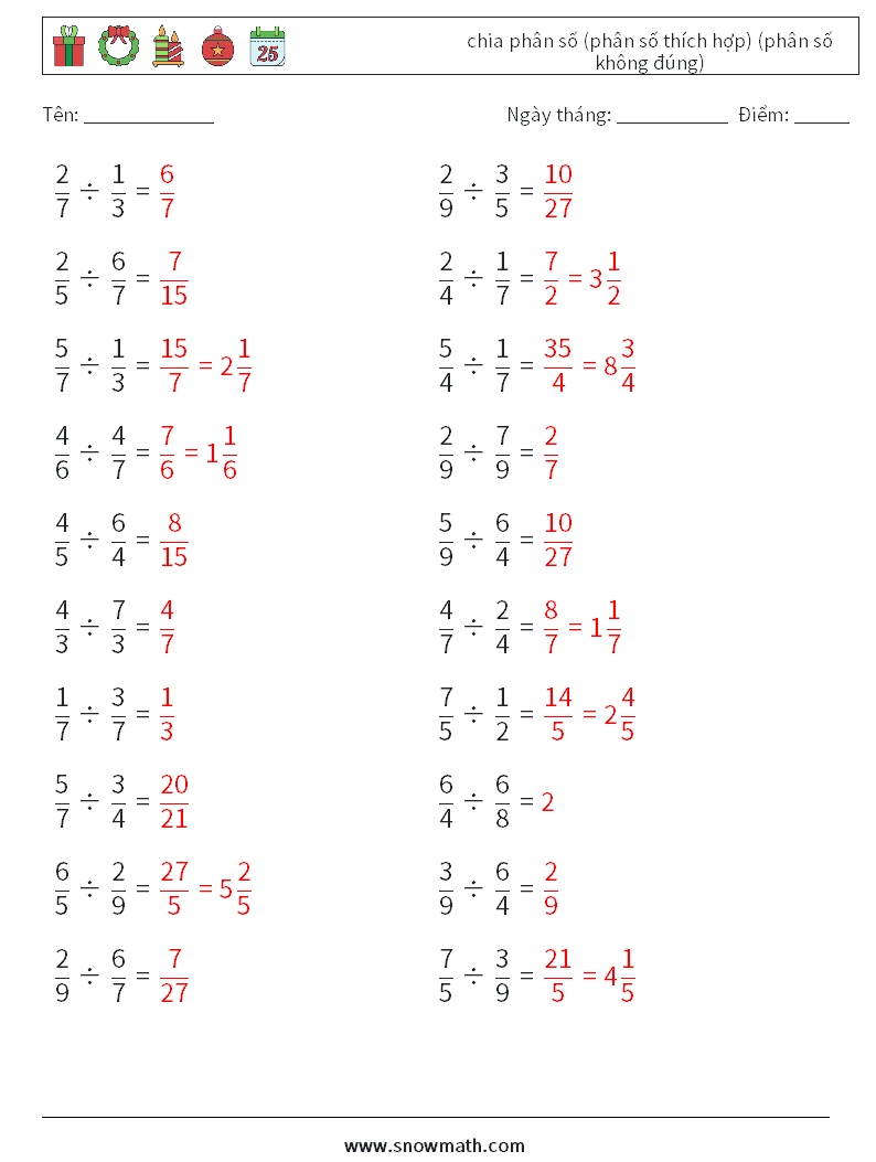 (20) chia phân số (phân số thích hợp) (phân số không đúng) Bảng tính toán học 8 Câu hỏi, câu trả lời