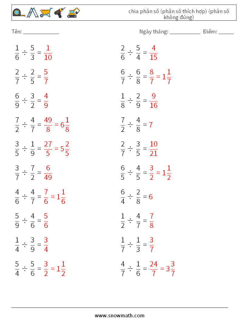 (20) chia phân số (phân số thích hợp) (phân số không đúng) Bảng tính toán học 9 Câu hỏi, câu trả lời