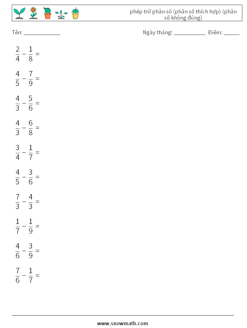 (10) phép trừ phân số (phân số thích hợp) (phân số không đúng) Bảng tính toán học 12