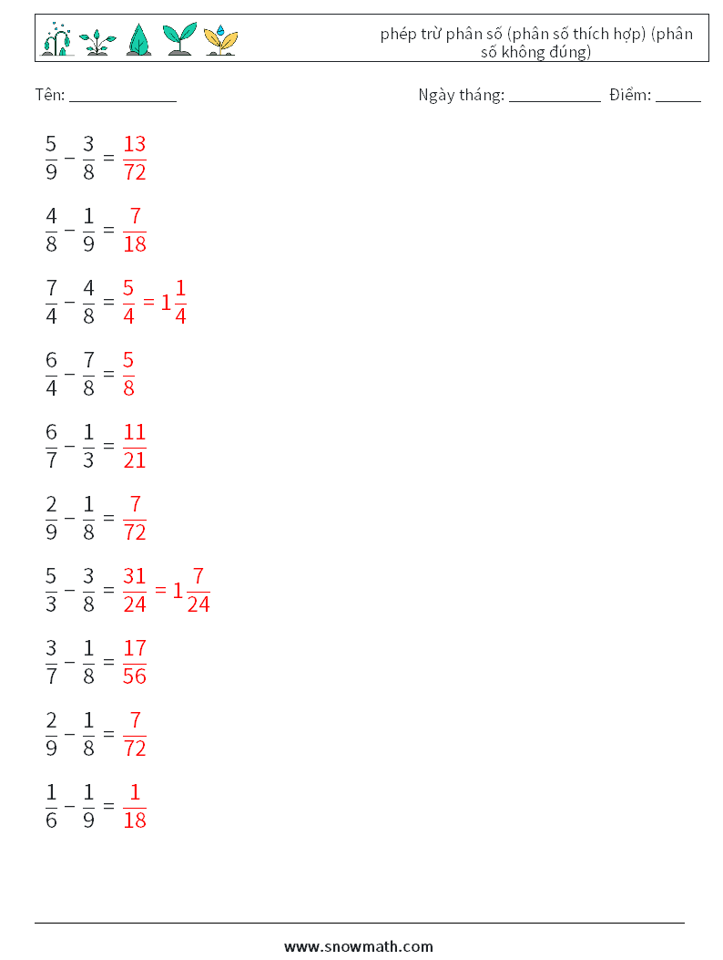 (10) phép trừ phân số (phân số thích hợp) (phân số không đúng) Bảng tính toán học 7 Câu hỏi, câu trả lời