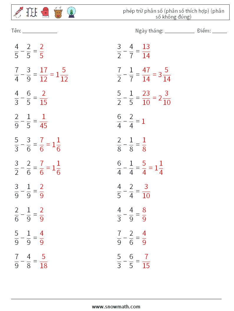 (20) phép trừ phân số (phân số thích hợp) (phân số không đúng) Bảng tính toán học 11 Câu hỏi, câu trả lời