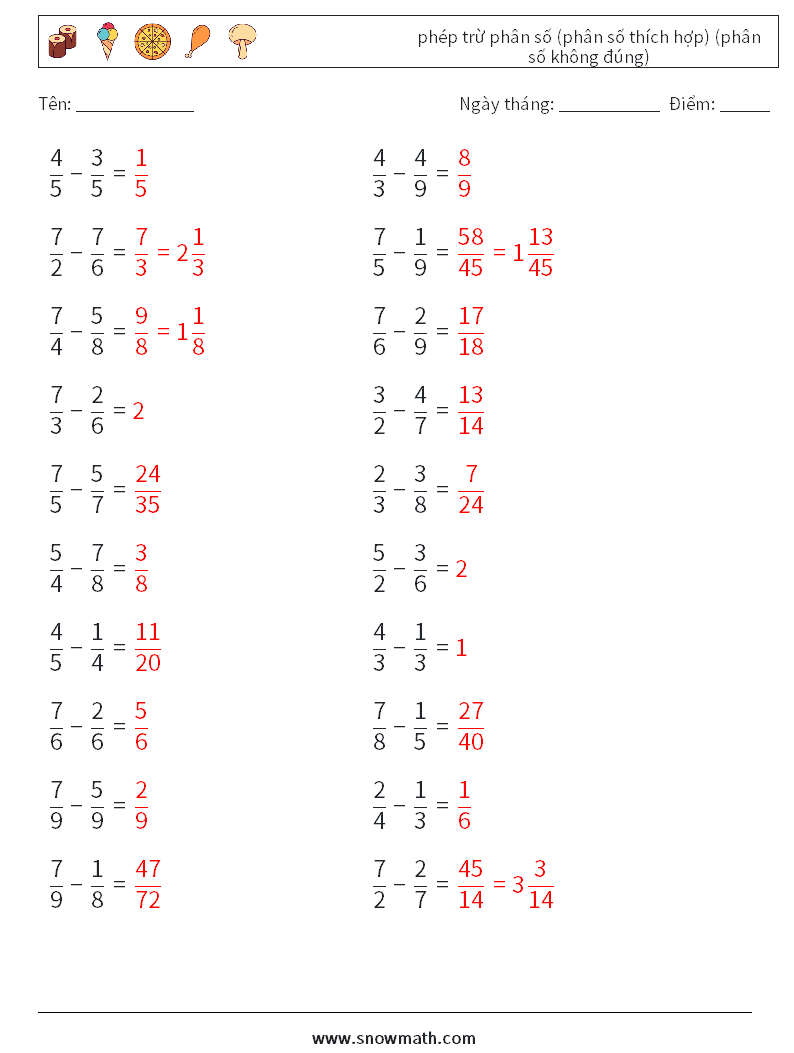 (20) phép trừ phân số (phân số thích hợp) (phân số không đúng) Bảng tính toán học 12 Câu hỏi, câu trả lời