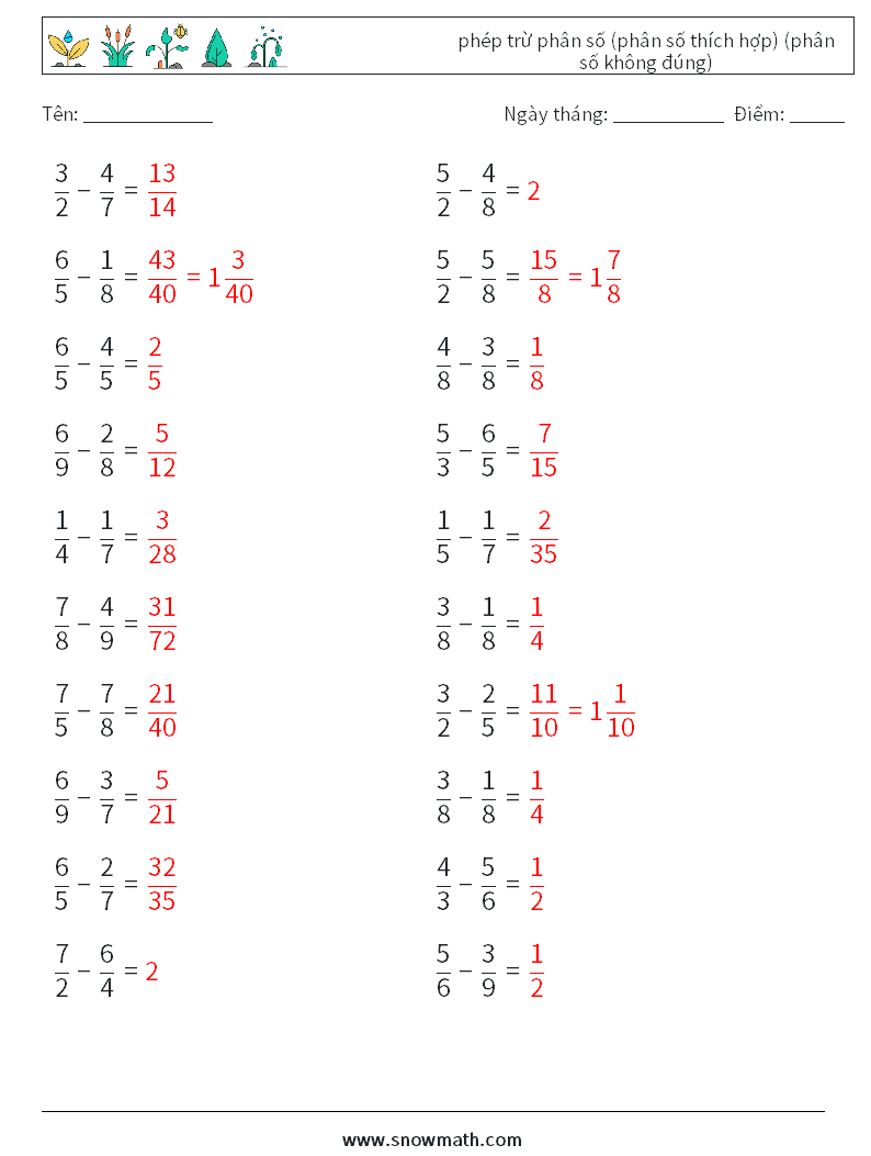 (20) phép trừ phân số (phân số thích hợp) (phân số không đúng) Bảng tính toán học 1 Câu hỏi, câu trả lời
