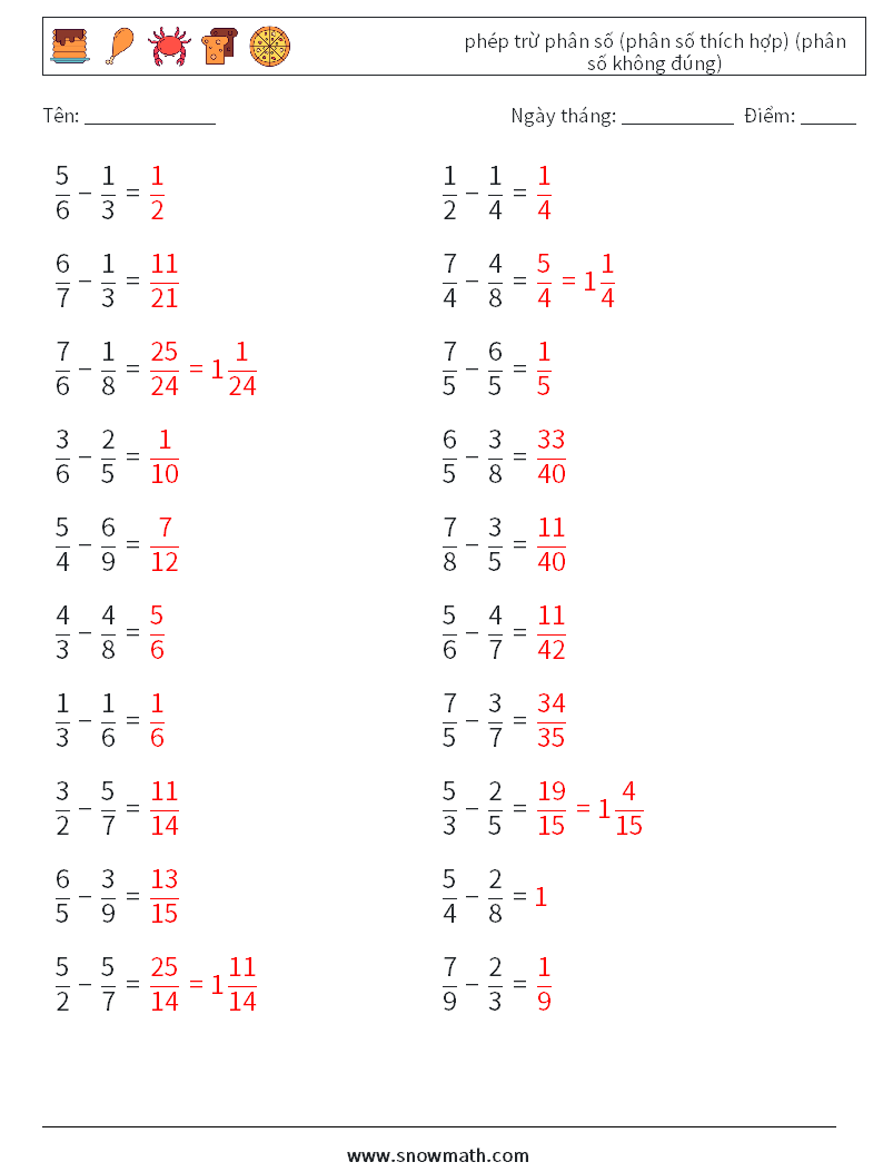 (20) phép trừ phân số (phân số thích hợp) (phân số không đúng) Bảng tính toán học 5 Câu hỏi, câu trả lời