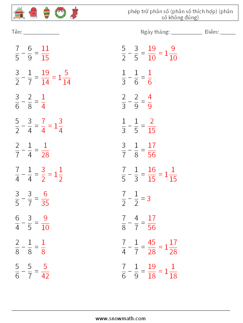 (20) phép trừ phân số (phân số thích hợp) (phân số không đúng) Bảng tính toán học 7 Câu hỏi, câu trả lời