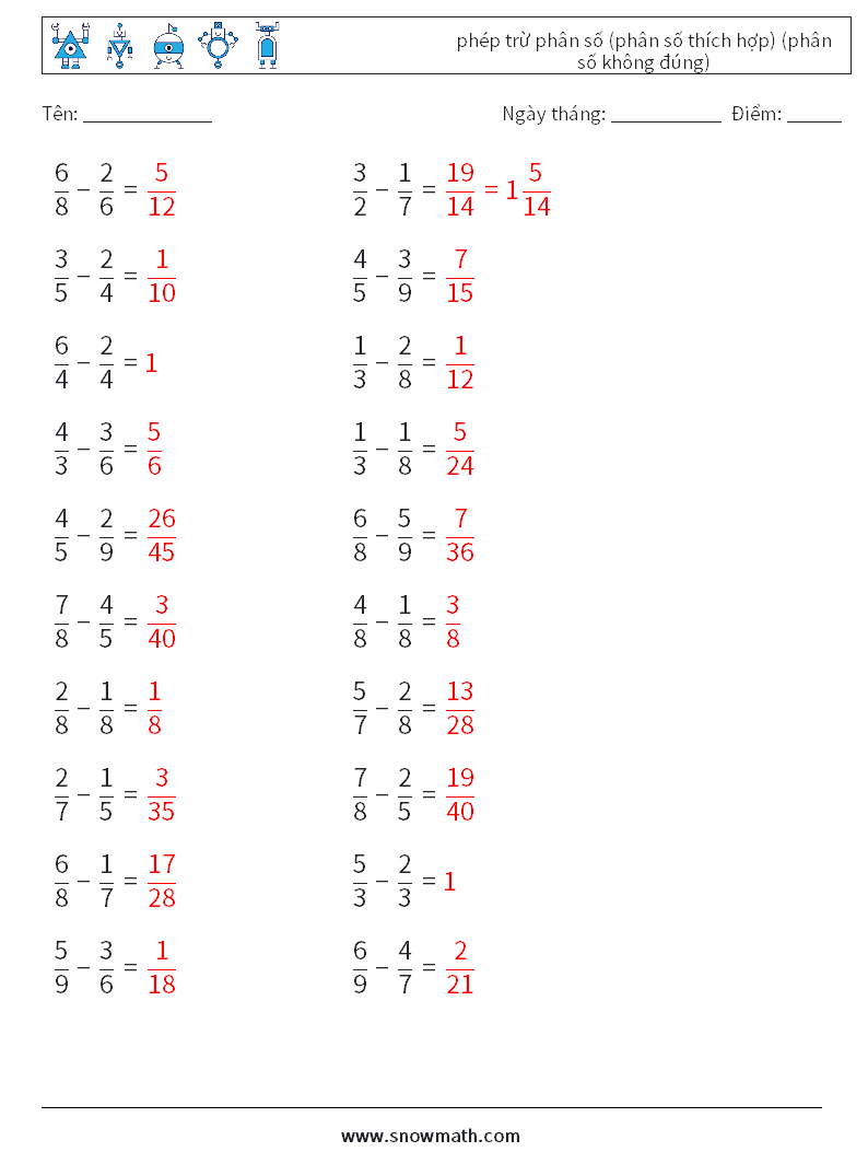 (20) phép trừ phân số (phân số thích hợp) (phân số không đúng) Bảng tính toán học 9 Câu hỏi, câu trả lời