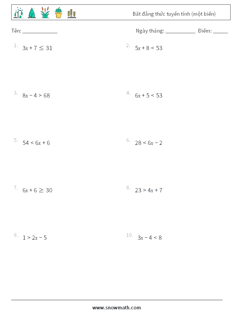 Bất đẳng thức tuyến tính (một biến) Bảng tính toán học 2