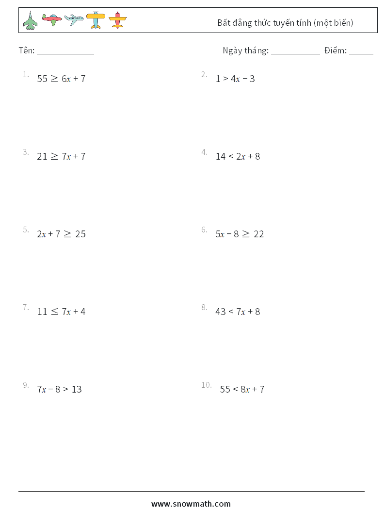 Bất đẳng thức tuyến tính (một biến) Bảng tính toán học 5