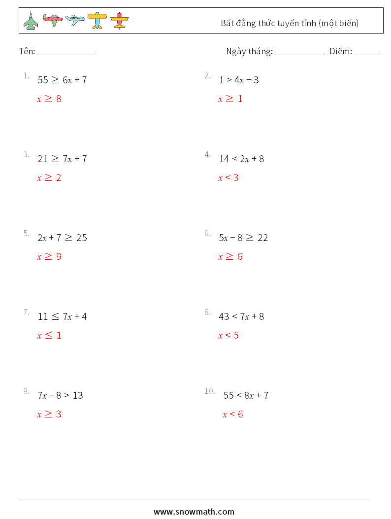 Bất đẳng thức tuyến tính (một biến) Bảng tính toán học 5 Câu hỏi, câu trả lời