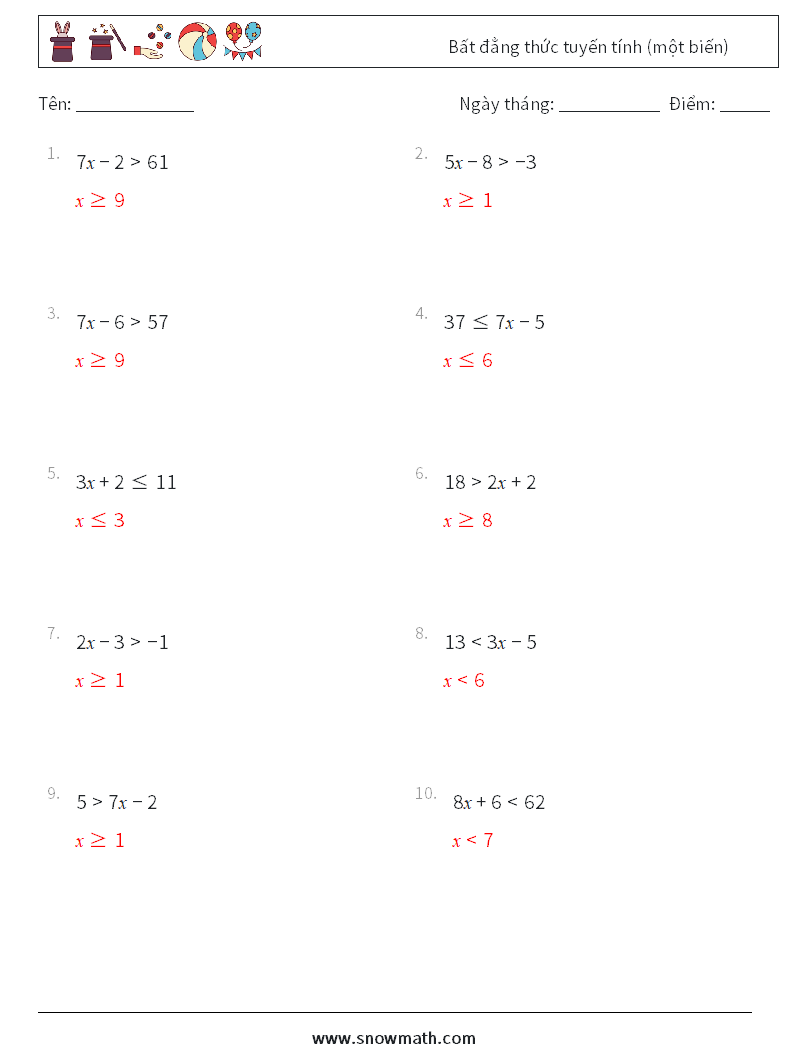 Bất đẳng thức tuyến tính (một biến) Bảng tính toán học 6 Câu hỏi, câu trả lời