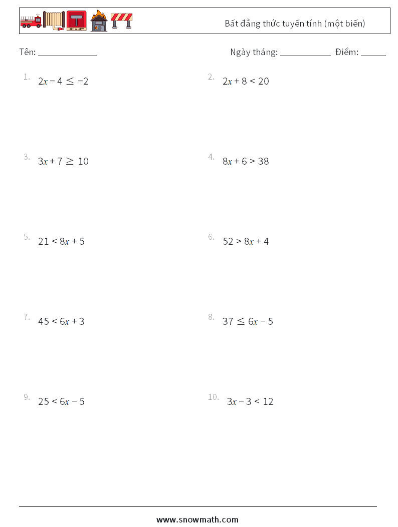 Bất đẳng thức tuyến tính (một biến) Bảng tính toán học 7