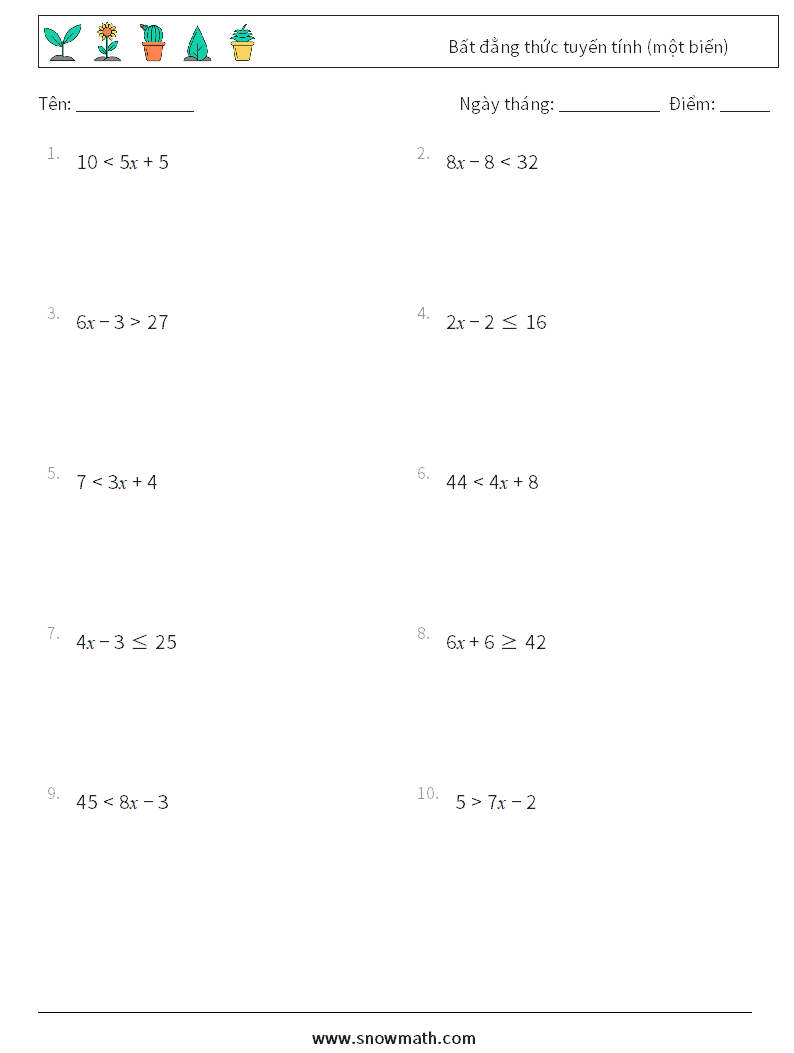 Bất đẳng thức tuyến tính (một biến) Bảng tính toán học 9