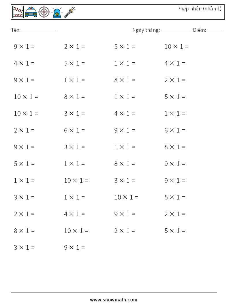 (50) Phép nhân (nhân 1) Bảng tính toán học 2