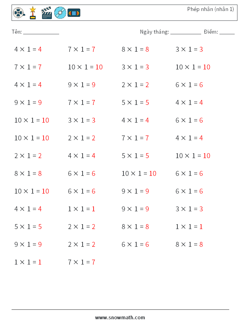 (50) Phép nhân (nhân 1) Bảng tính toán học 3 Câu hỏi, câu trả lời