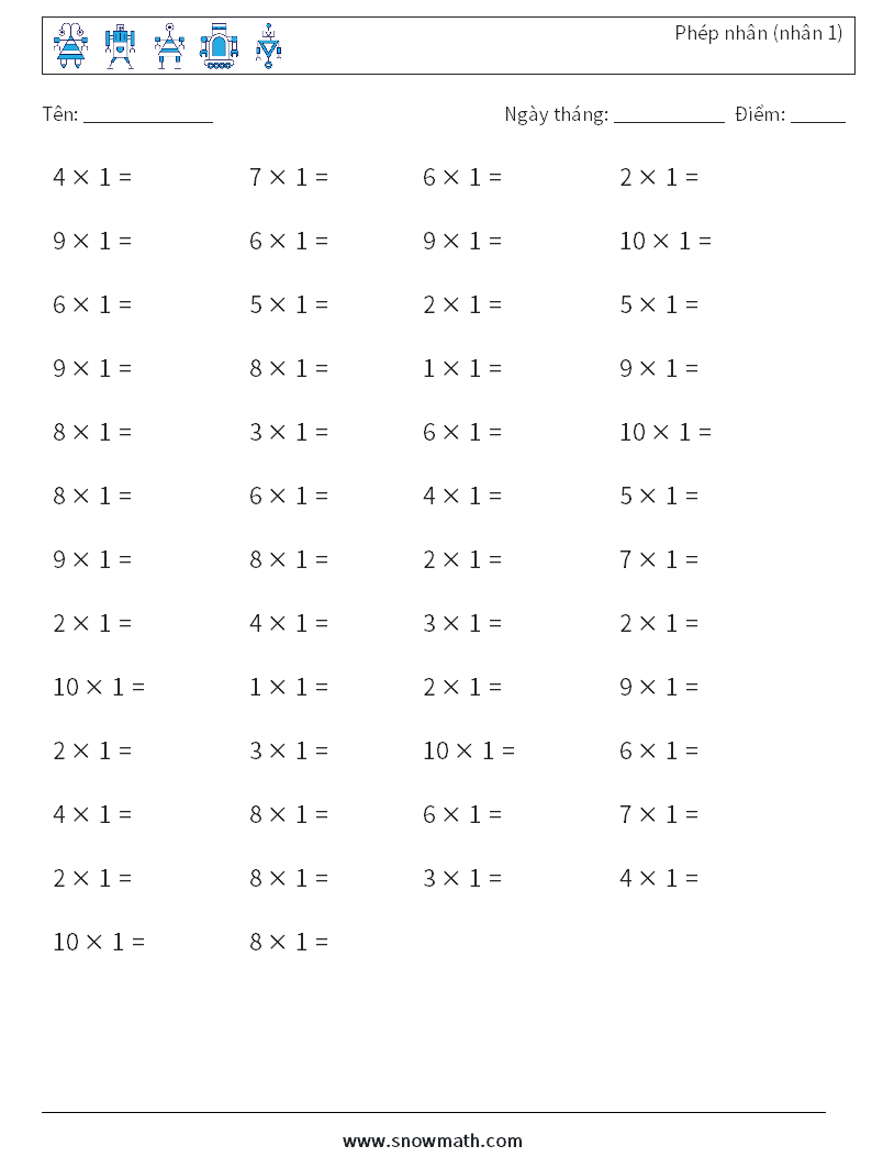 (50) Phép nhân (nhân 1) Bảng tính toán học 5
