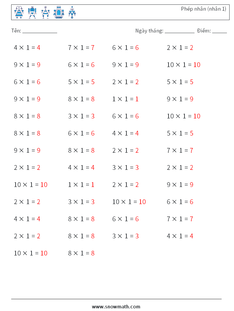 (50) Phép nhân (nhân 1) Bảng tính toán học 5 Câu hỏi, câu trả lời