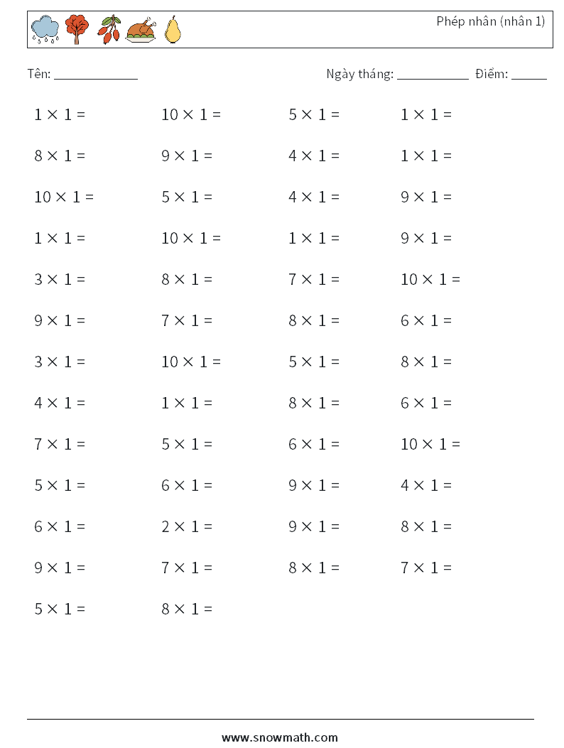 (50) Phép nhân (nhân 1) Bảng tính toán học 7