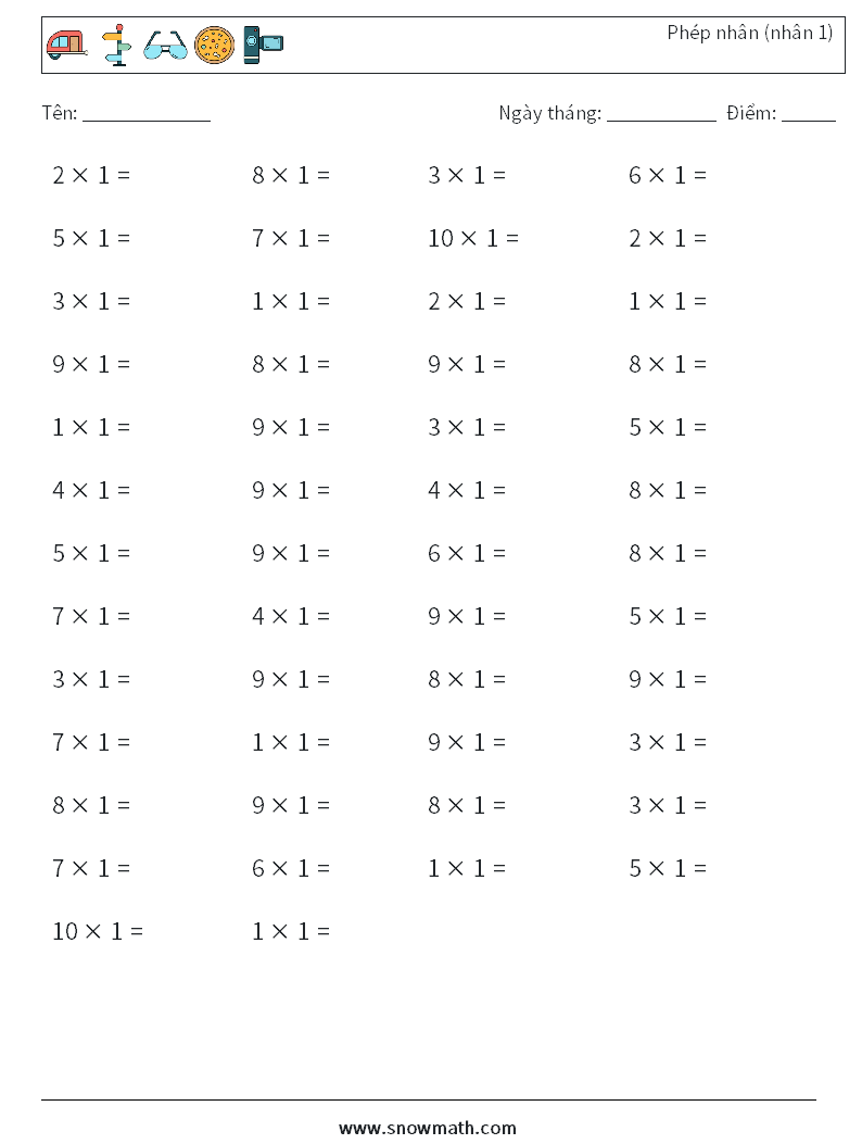 (50) Phép nhân (nhân 1) Bảng tính toán học 9