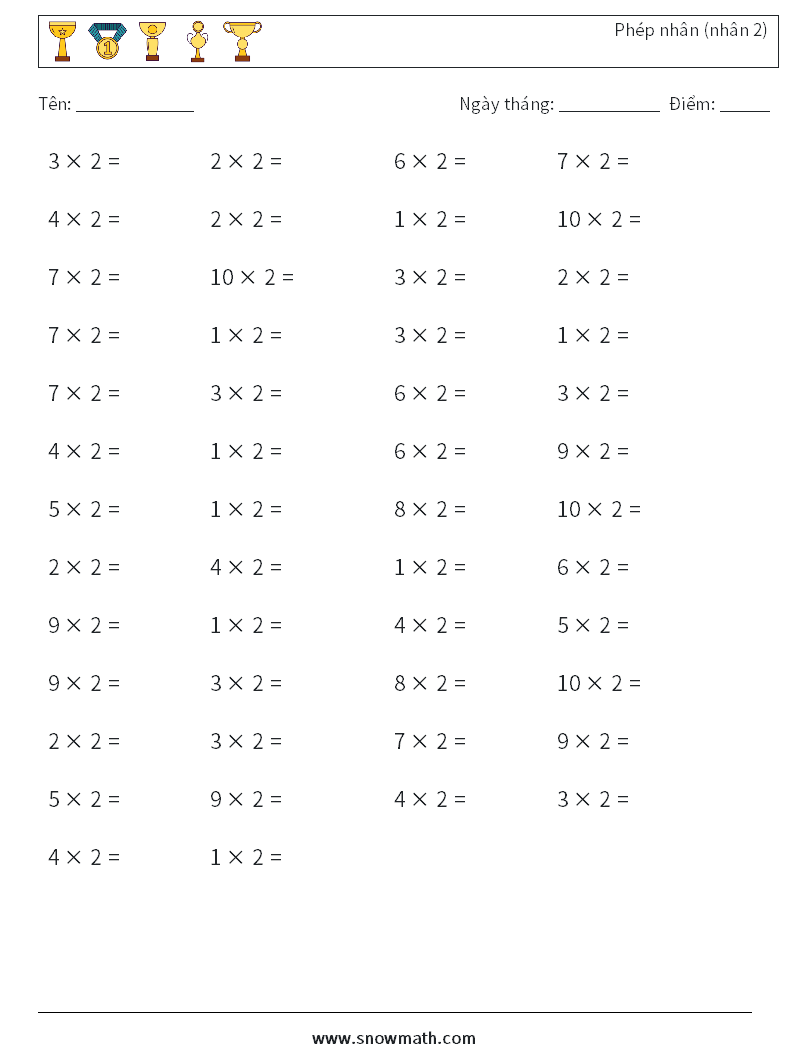 (50) Phép nhân (nhân 2) Bảng tính toán học 2