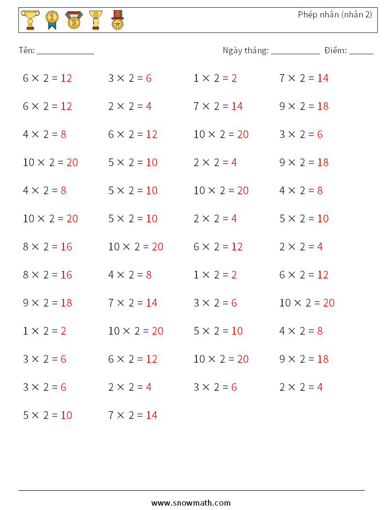 (50) Phép nhân (nhân 2) Bảng tính toán học 7 Câu hỏi, câu trả lời