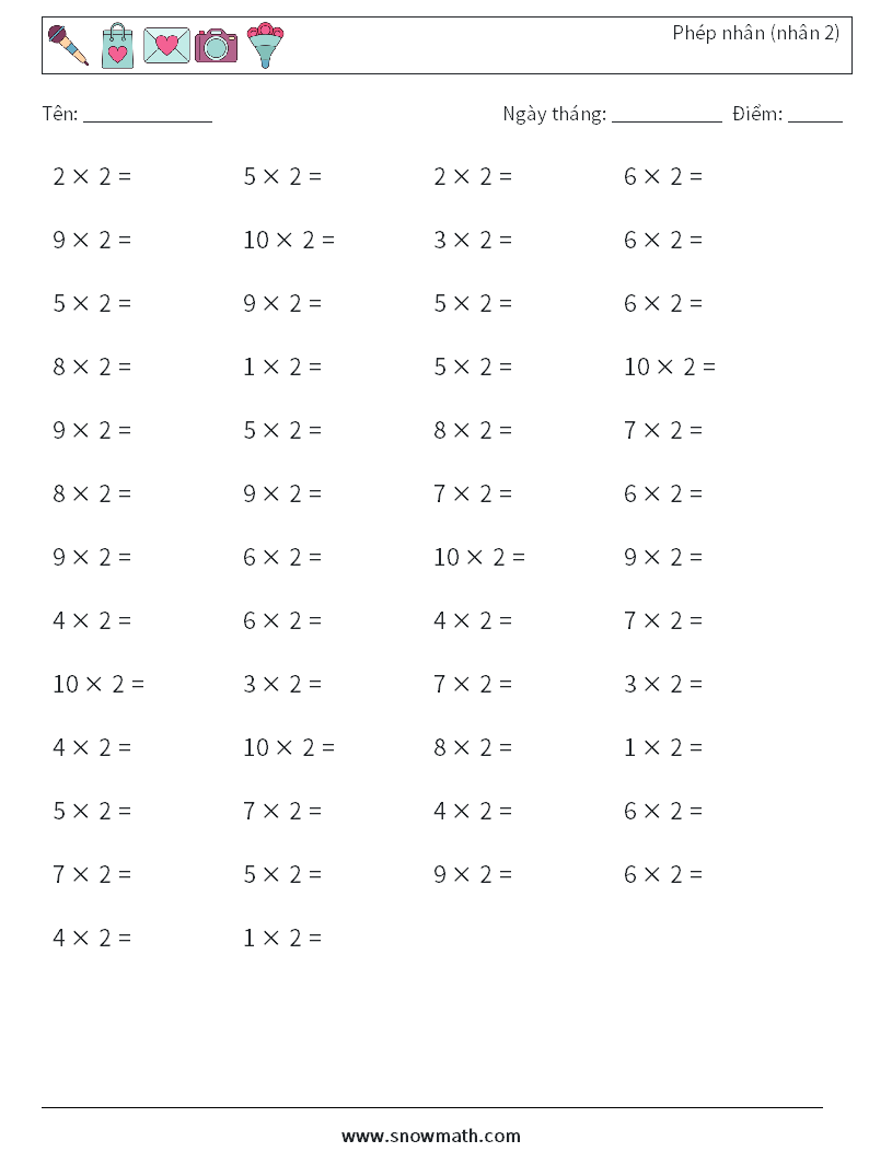 (50) Phép nhân (nhân 2) Bảng tính toán học 8