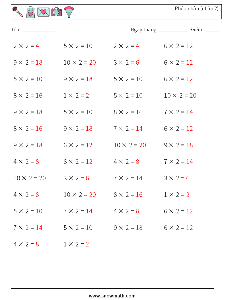 (50) Phép nhân (nhân 2) Bảng tính toán học 8 Câu hỏi, câu trả lời