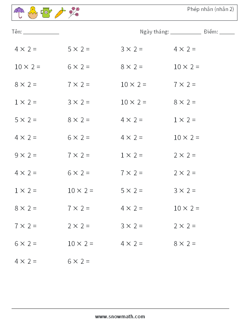(50) Phép nhân (nhân 2) Bảng tính toán học 9