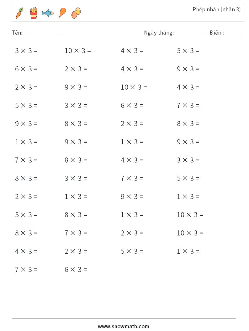(50) Phép nhân (nhân 3) Bảng tính toán học 2