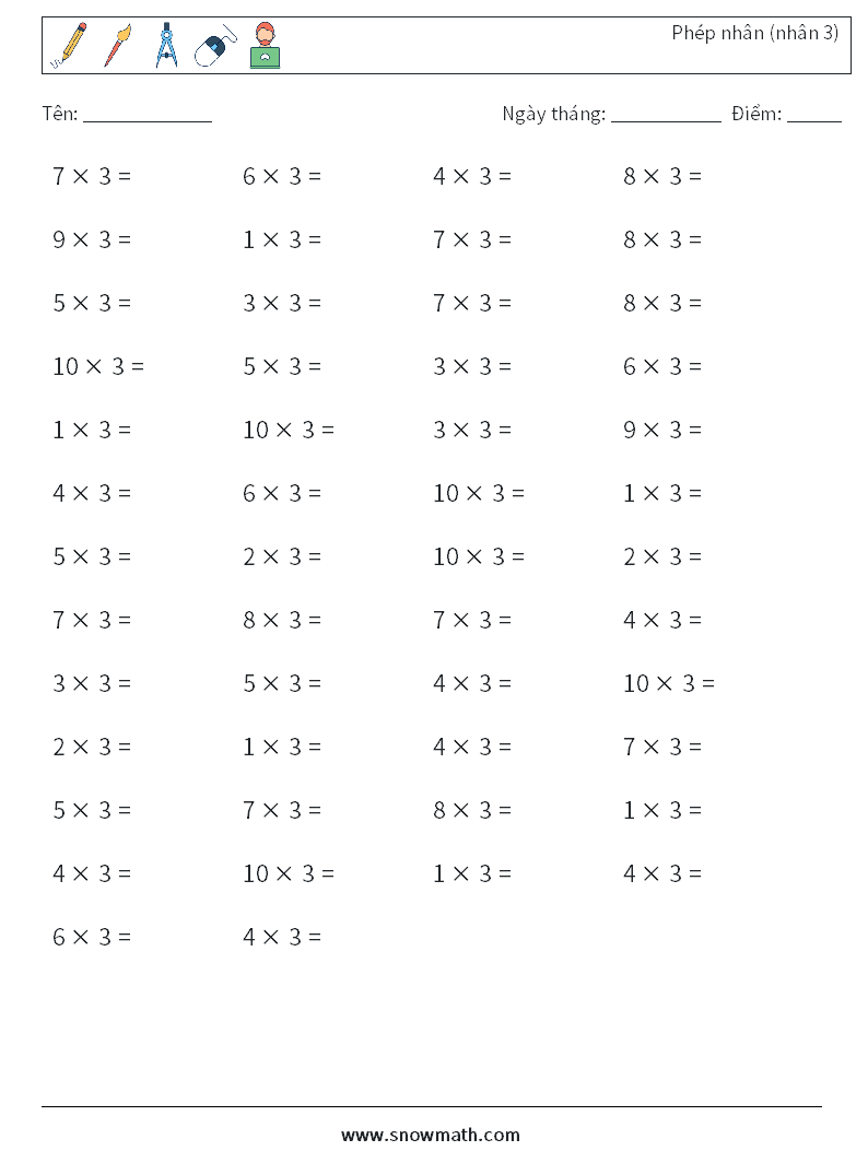 (50) Phép nhân (nhân 3) Bảng tính toán học 9