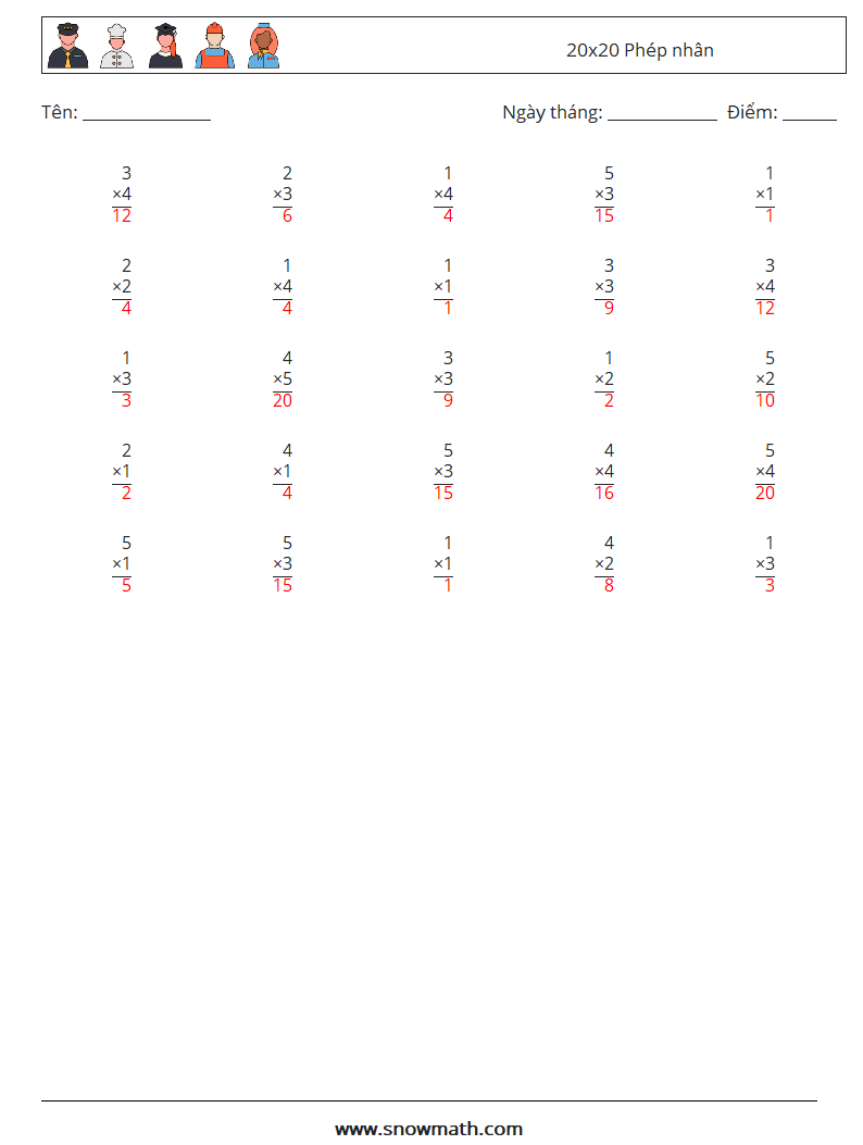 (25) 20x20 Phép nhân Bảng tính toán học 17 Câu hỏi, câu trả lời