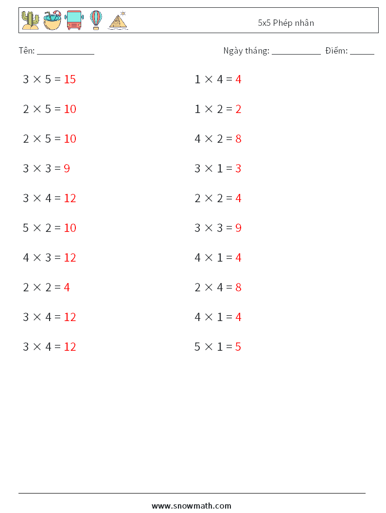(20) 5x5 Phép nhân Bảng tính toán học 1 Câu hỏi, câu trả lời