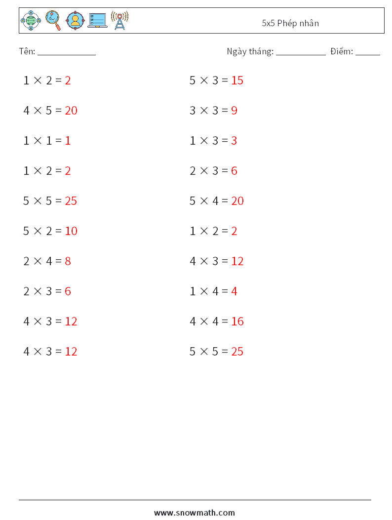 (20) 5x5 Phép nhân Bảng tính toán học 3 Câu hỏi, câu trả lời