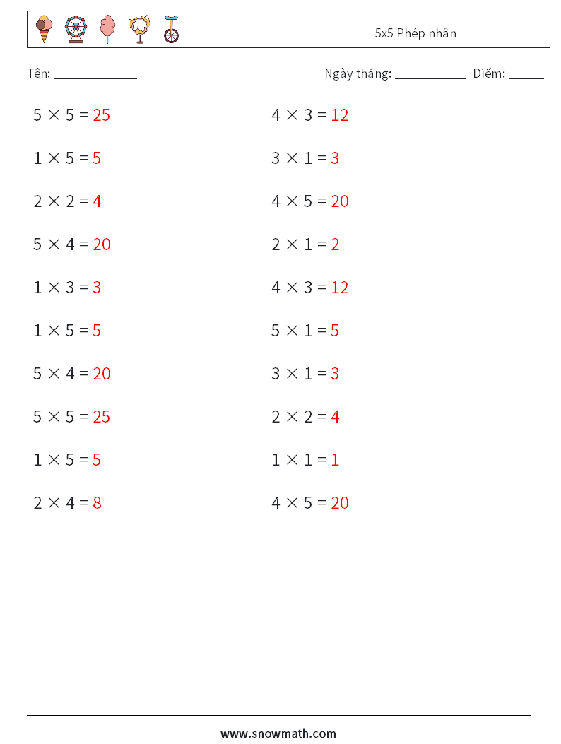 (20) 5x5 Phép nhân Bảng tính toán học 4 Câu hỏi, câu trả lời