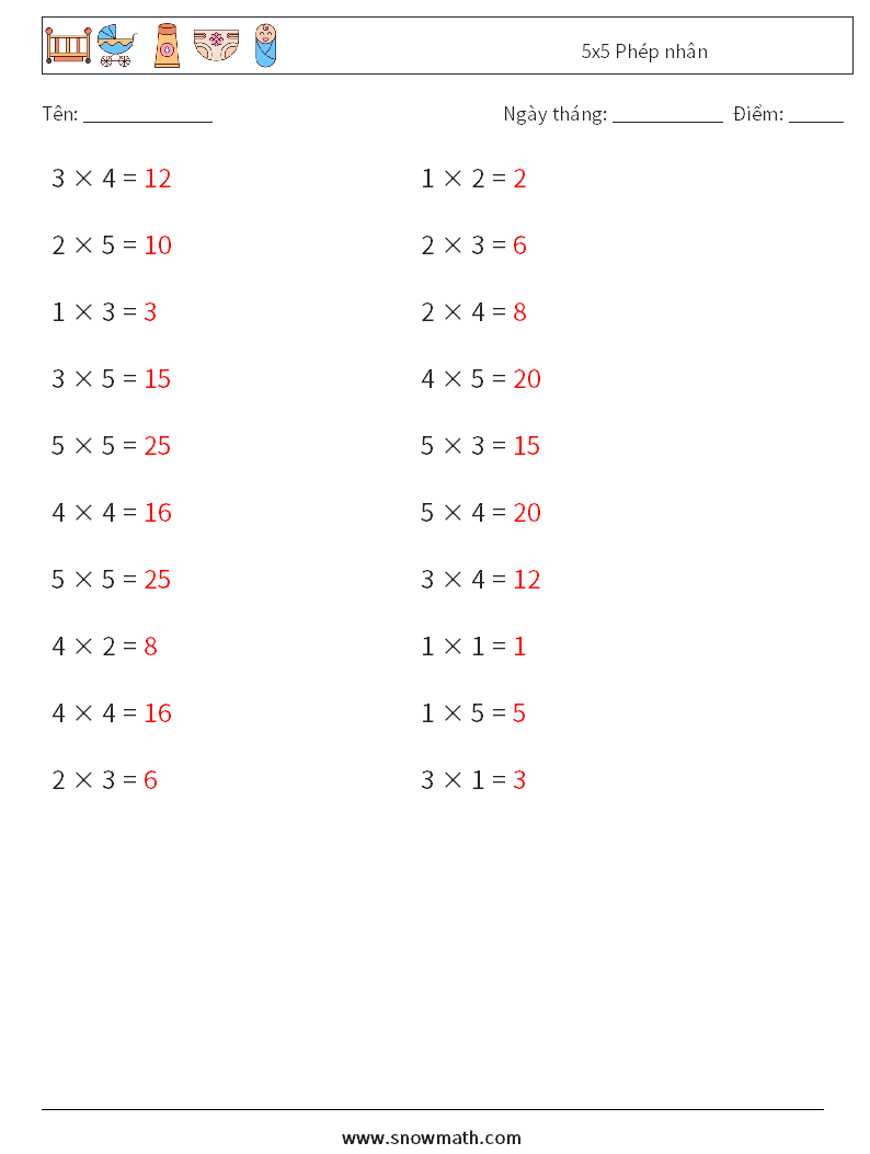 (20) 5x5 Phép nhân Bảng tính toán học 8 Câu hỏi, câu trả lời