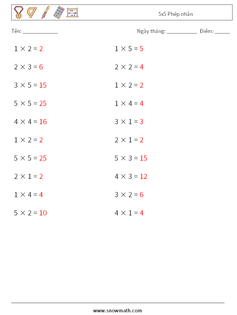 (20) 5x5 Phép nhân Bảng tính toán học 9 Câu hỏi, câu trả lời