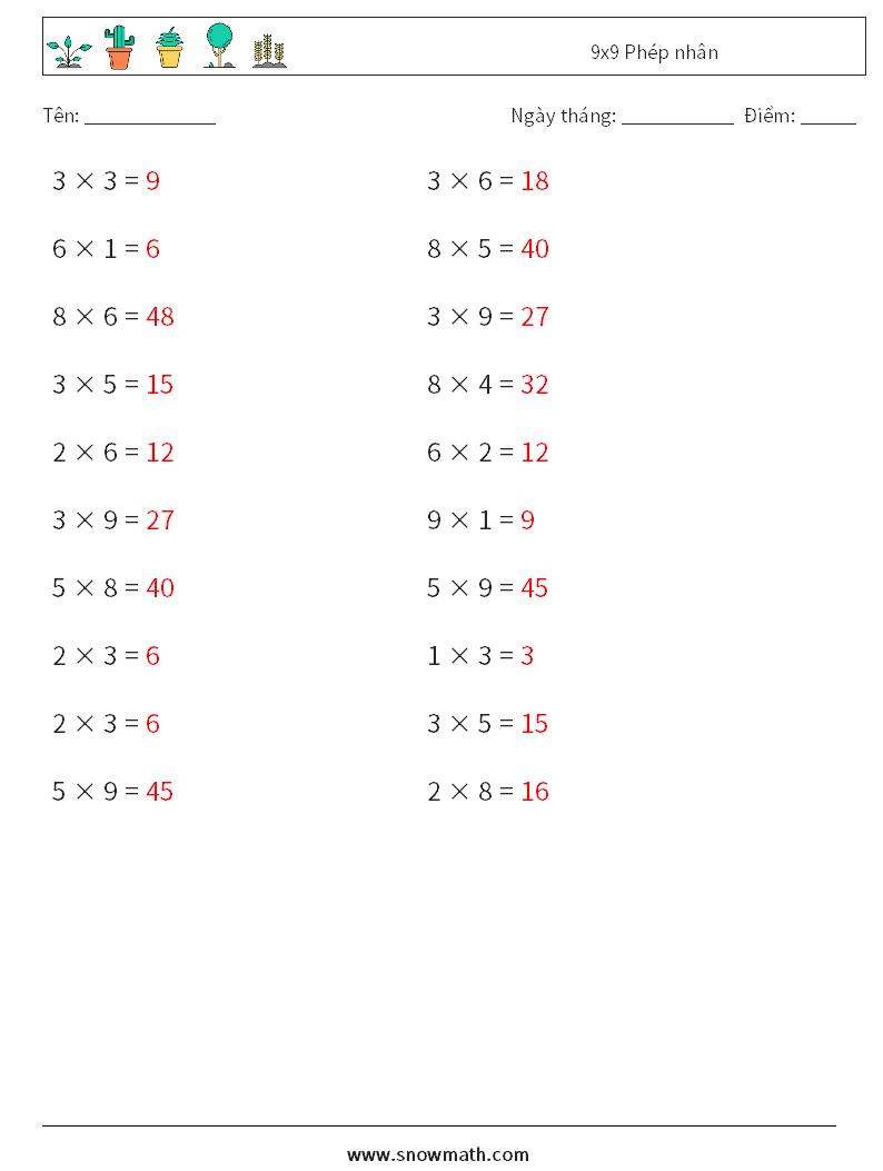 (20) 9x9 Phép nhân Bảng tính toán học 1 Câu hỏi, câu trả lời
