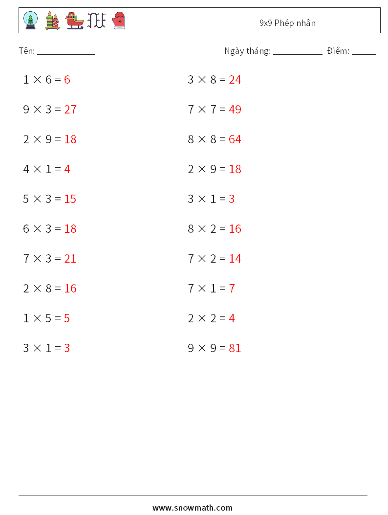 (20) 9x9 Phép nhân Bảng tính toán học 2 Câu hỏi, câu trả lời