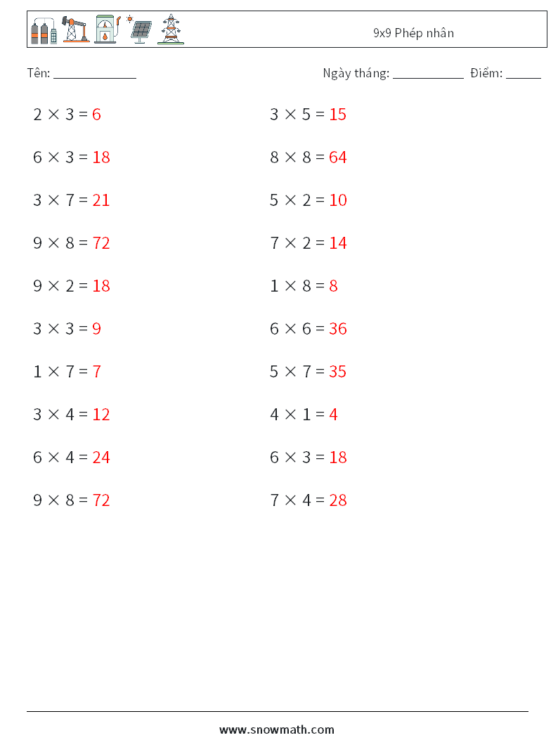 (20) 9x9 Phép nhân Bảng tính toán học 3 Câu hỏi, câu trả lời