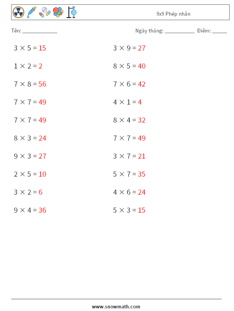 (20) 9x9 Phép nhân Bảng tính toán học 4 Câu hỏi, câu trả lời