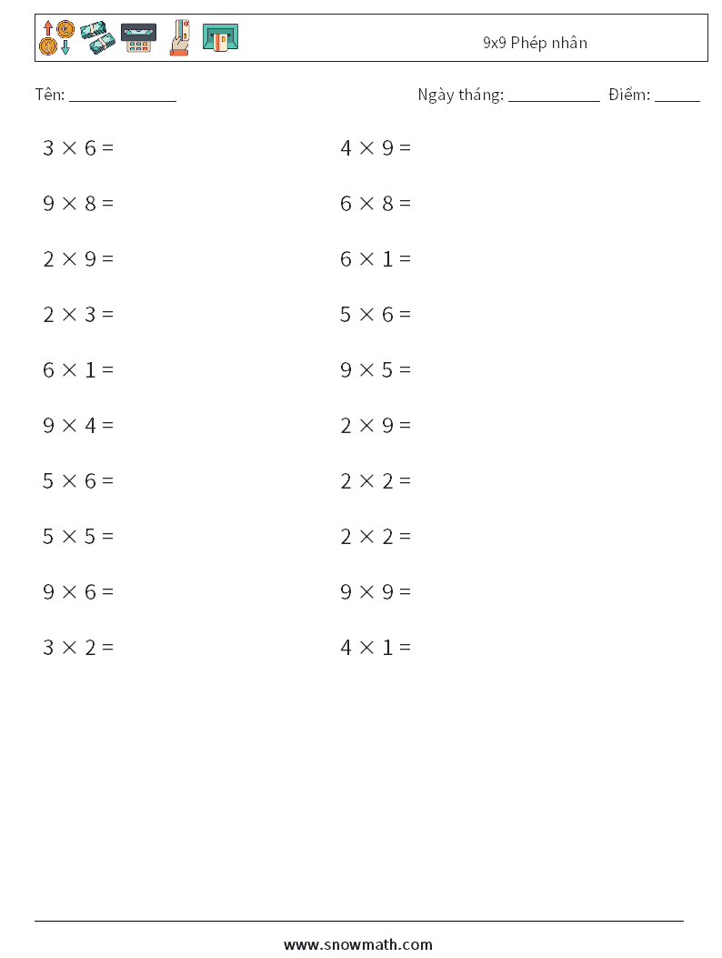 (20) 9x9 Phép nhân Bảng tính toán học 5