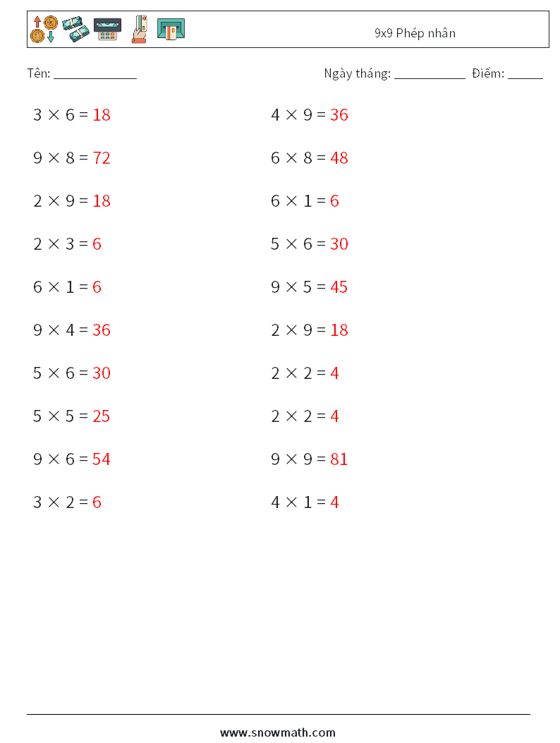 (20) 9x9 Phép nhân Bảng tính toán học 5 Câu hỏi, câu trả lời