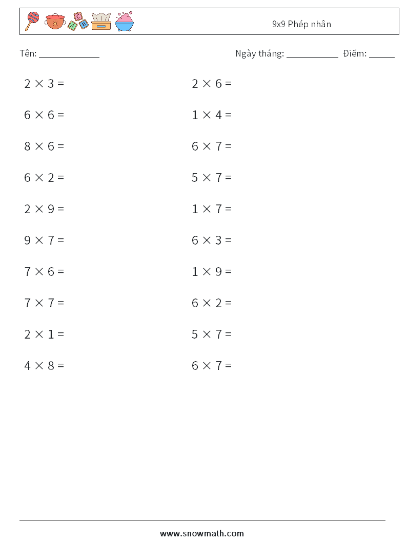 (20) 9x9 Phép nhân Bảng tính toán học 6