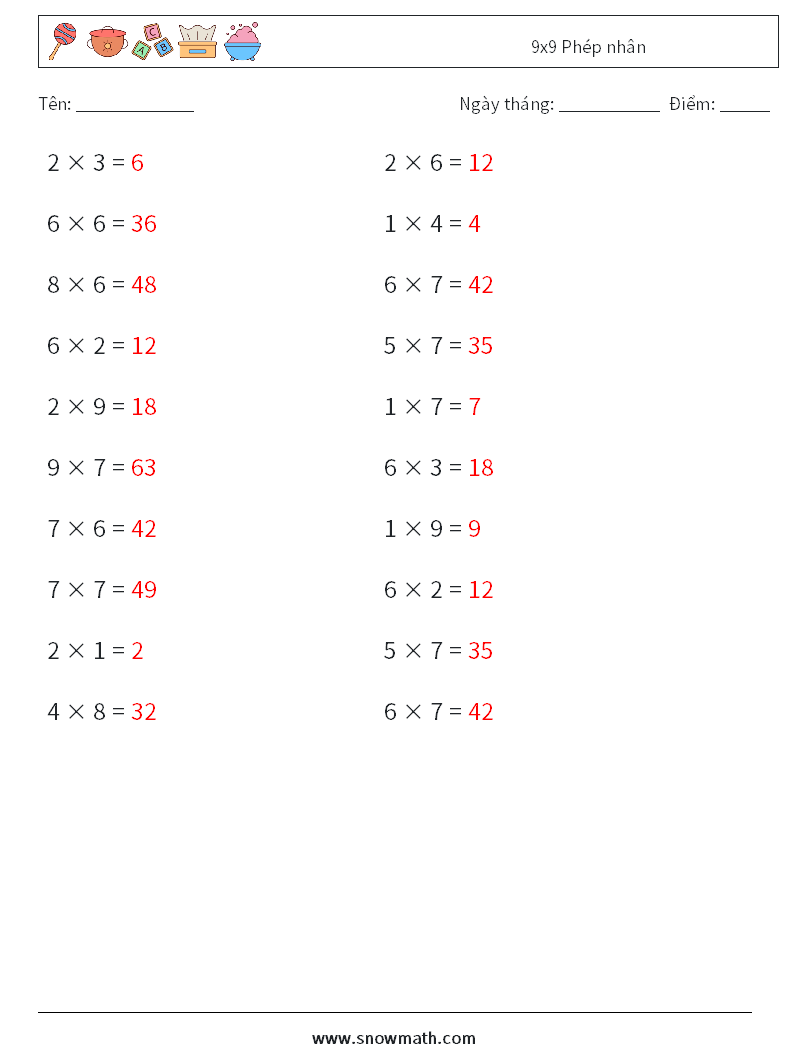 (20) 9x9 Phép nhân Bảng tính toán học 6 Câu hỏi, câu trả lời