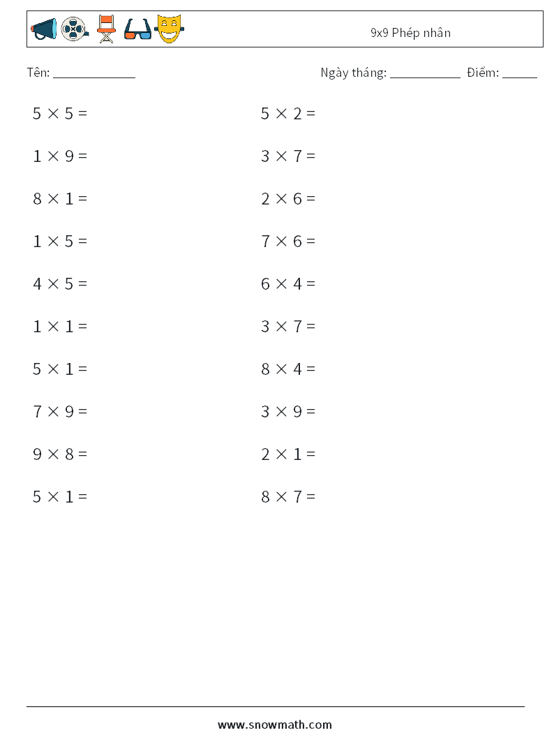 (20) 9x9 Phép nhân Bảng tính toán học 7