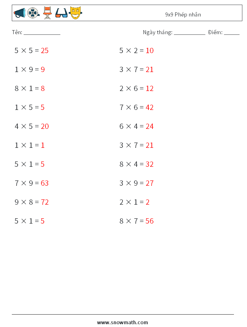 (20) 9x9 Phép nhân Bảng tính toán học 7 Câu hỏi, câu trả lời