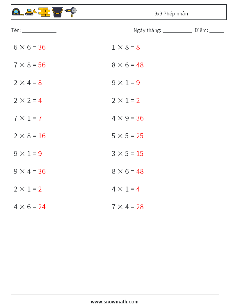 (20) 9x9 Phép nhân Bảng tính toán học 8 Câu hỏi, câu trả lời